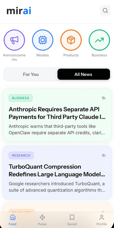 Mirai news feed in light theme